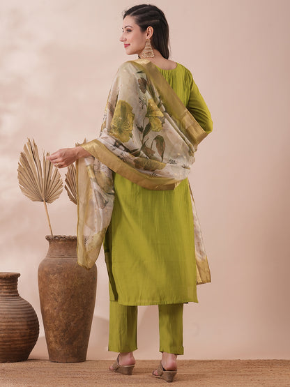 Solid Ethnic Hand Embroidered Straight Fit Kurta with Pant & Dupatta - Lime Green