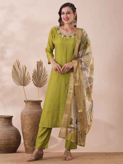 Solid Ethnic Hand Embroidered Straight Fit Kurta with Pant & Dupatta - Lime Green