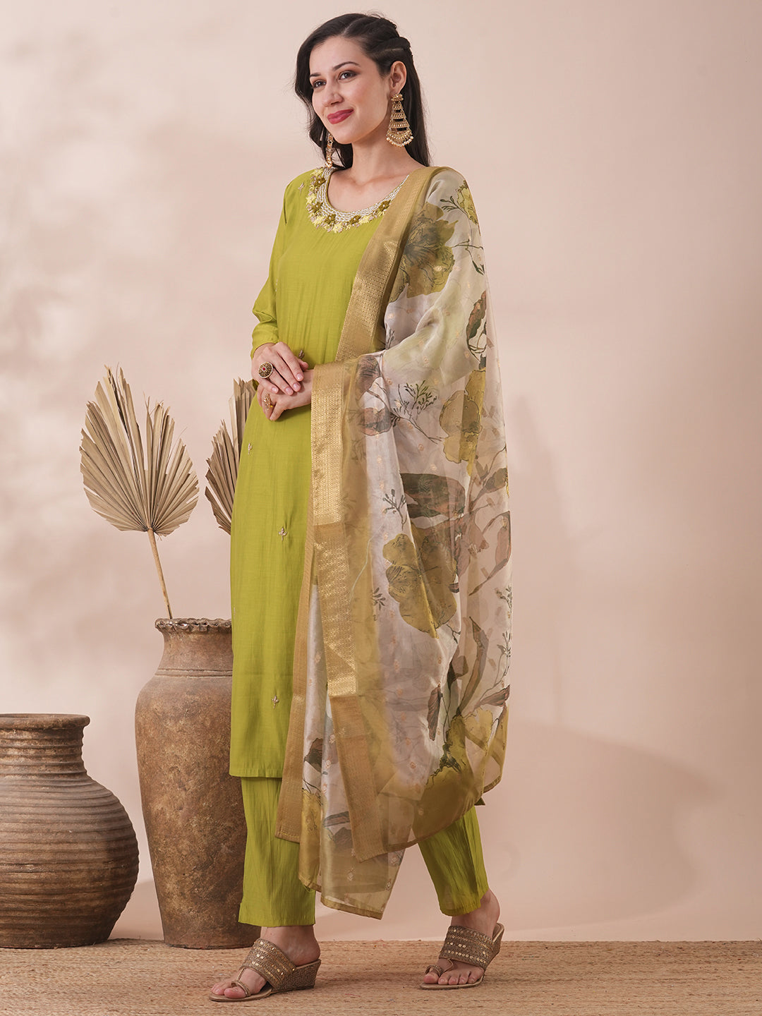 Solid Ethnic Hand Embroidered Straight Fit Kurta with Pant & Dupatta - Lime Green