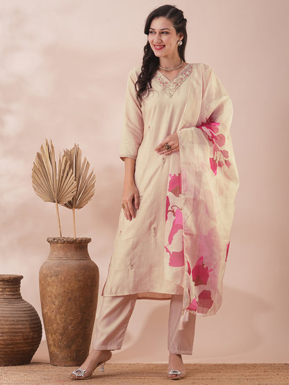 Solid Ethnic Embroidered Straight Fit Kurta with Pant & Dupatta - Cream