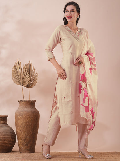 Solid Ethnic Embroidered Straight Fit Kurta with Pant & Dupatta - Cream