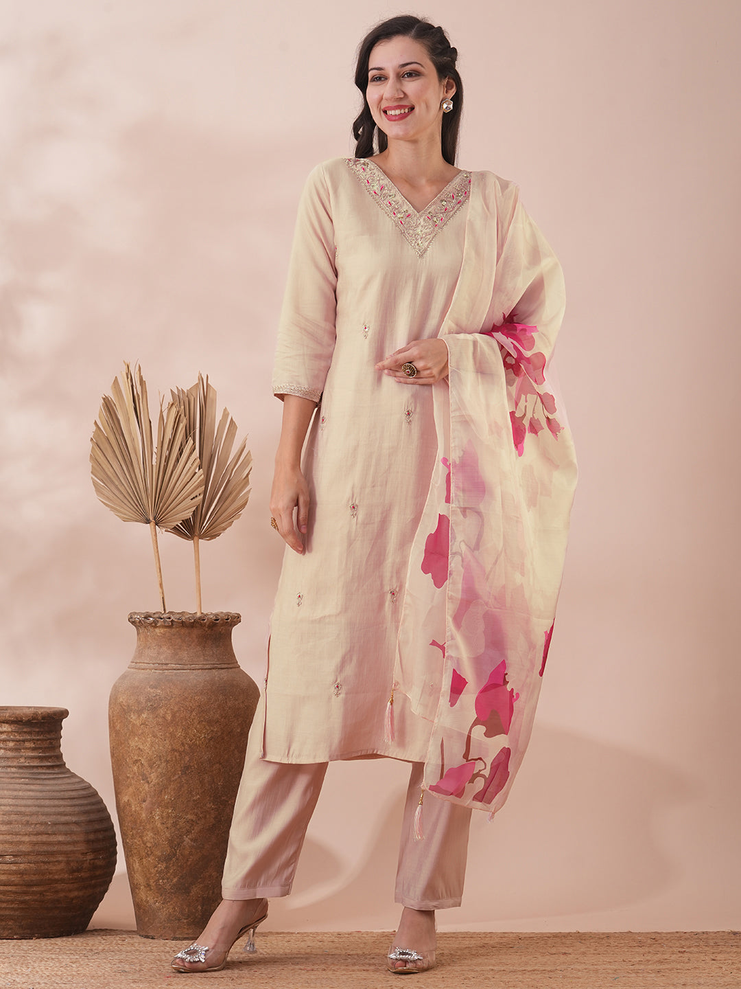 Solid Ethnic Embroidered Straight Fit Kurta with Pant & Dupatta - Cream