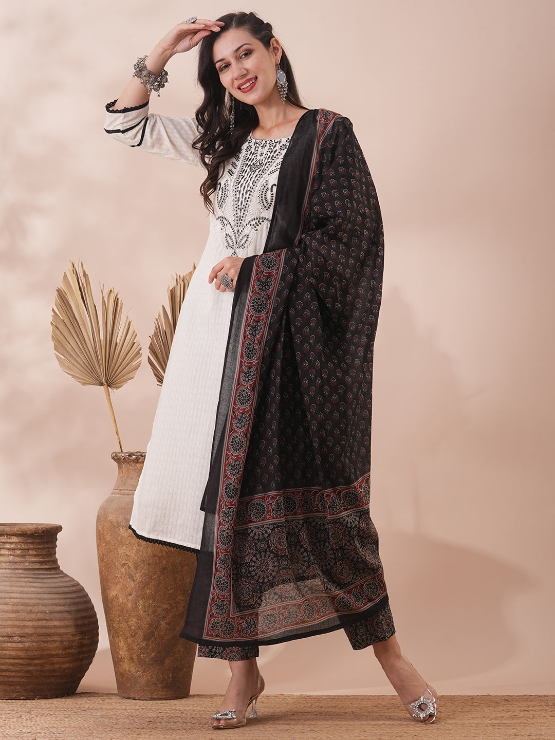 Solid Ethnic Embroidered Straight Fit Kurta with Pant & Dupatta - Off White