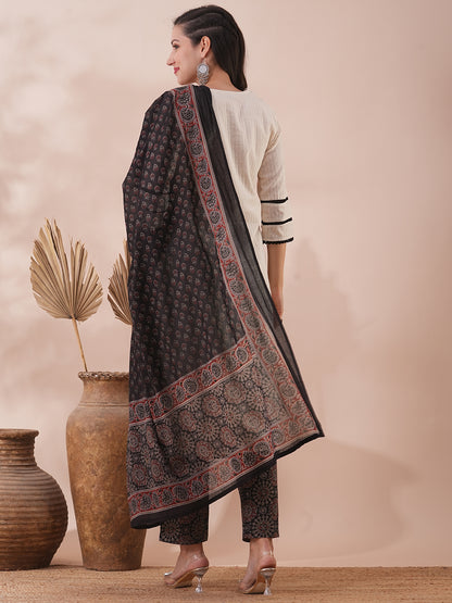 Solid Ethnic Embroidered Straight Fit Kurta with Pant & Dupatta - Off White