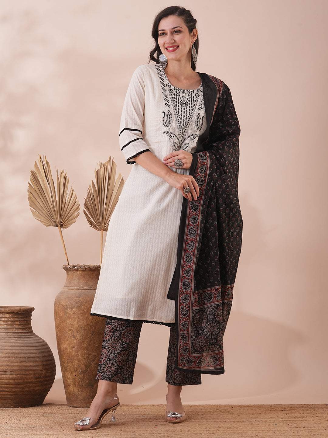 Solid Ethnic Embroidered Straight Fit Kurta with Pant & Dupatta - Off White