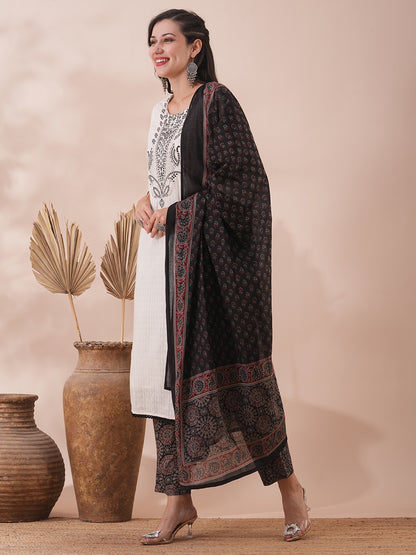 Solid Ethnic Embroidered Straight Fit Kurta with Pant & Dupatta - Off White