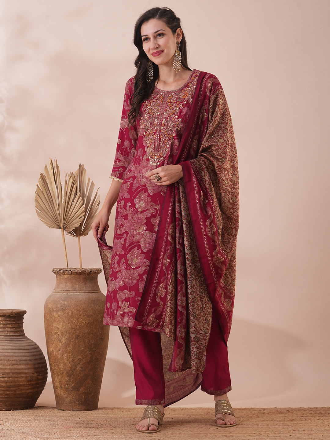 Floral Foil Printed & Embroidered Straight Fit Kurta with Pant & Dupatta - Magenta