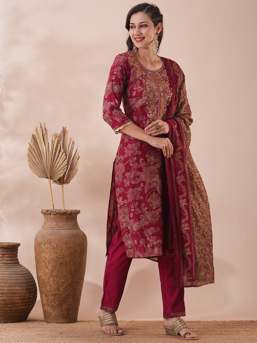 Floral Foil Printed & Embroidered Straight Fit Kurta with Pant & Dupatta - Magenta