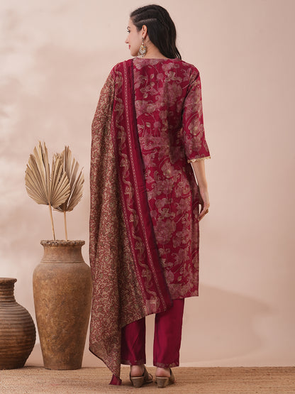 Floral Foil Printed & Embroidered Straight Fit Kurta with Pant & Dupatta - Magenta