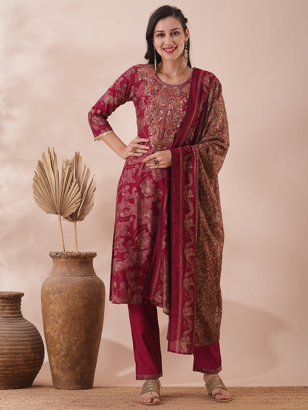 Floral Foil Printed & Embroidered Straight Fit Kurta with Pant & Dupatta - Magenta