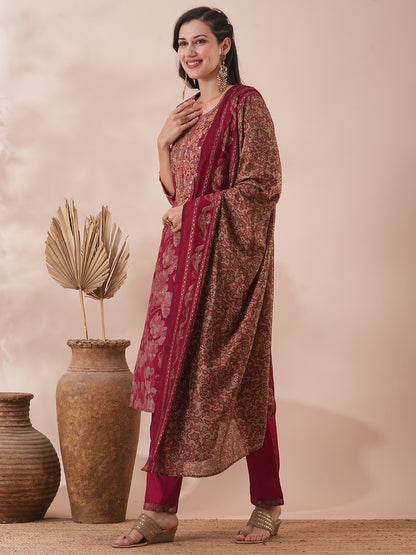 Floral Foil Printed & Embroidered Straight Fit Kurta with Pant & Dupatta - Magenta