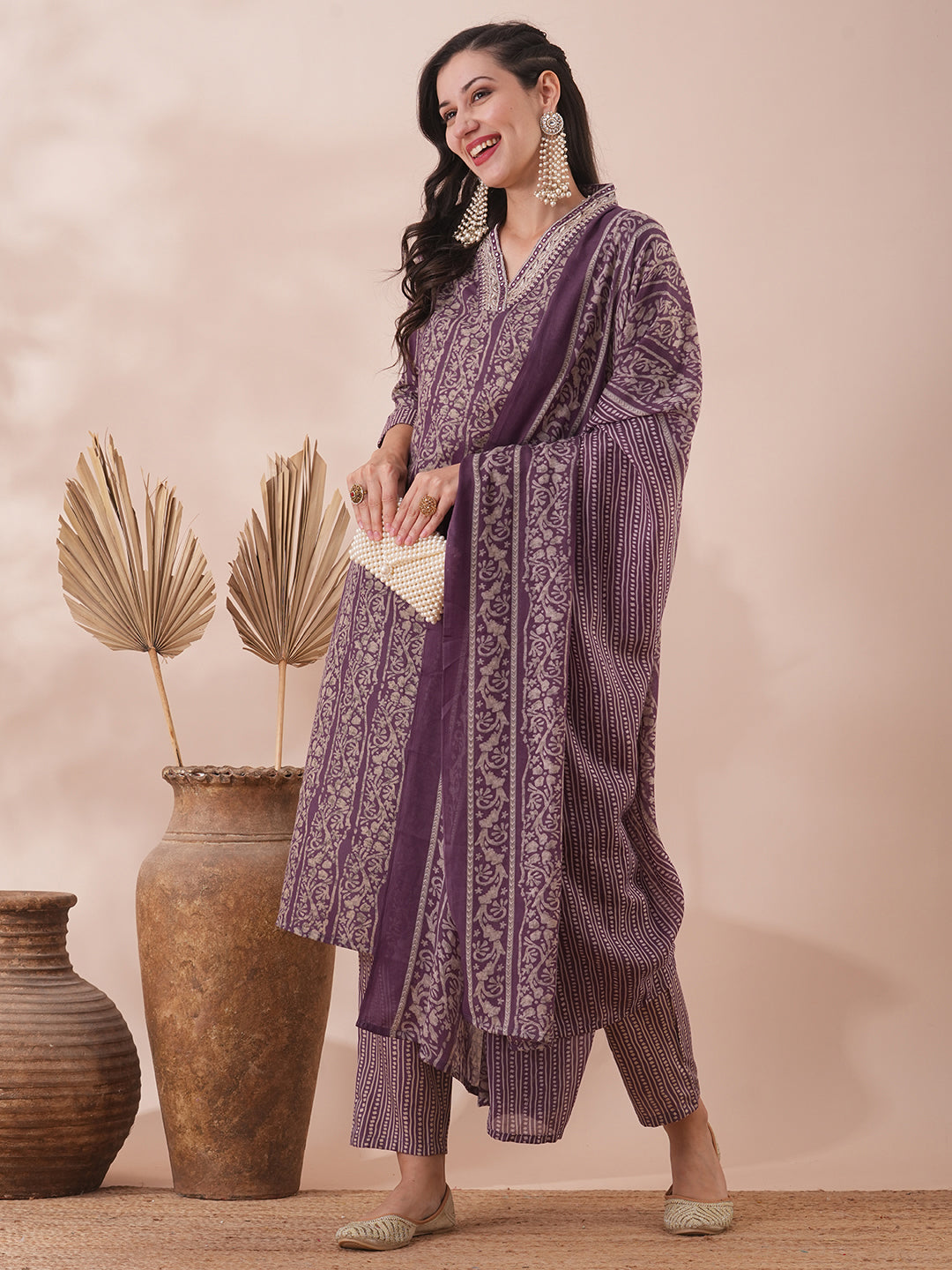 Floral Printed & Embroidered Straight Fit Kurta with Pant and Dupatta - Lavender