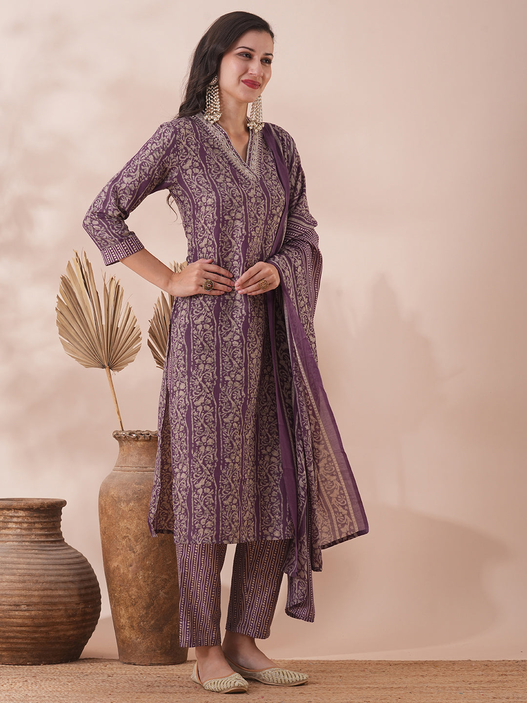 Floral Printed & Embroidered Straight Fit Kurta with Pant and Dupatta - Lavender