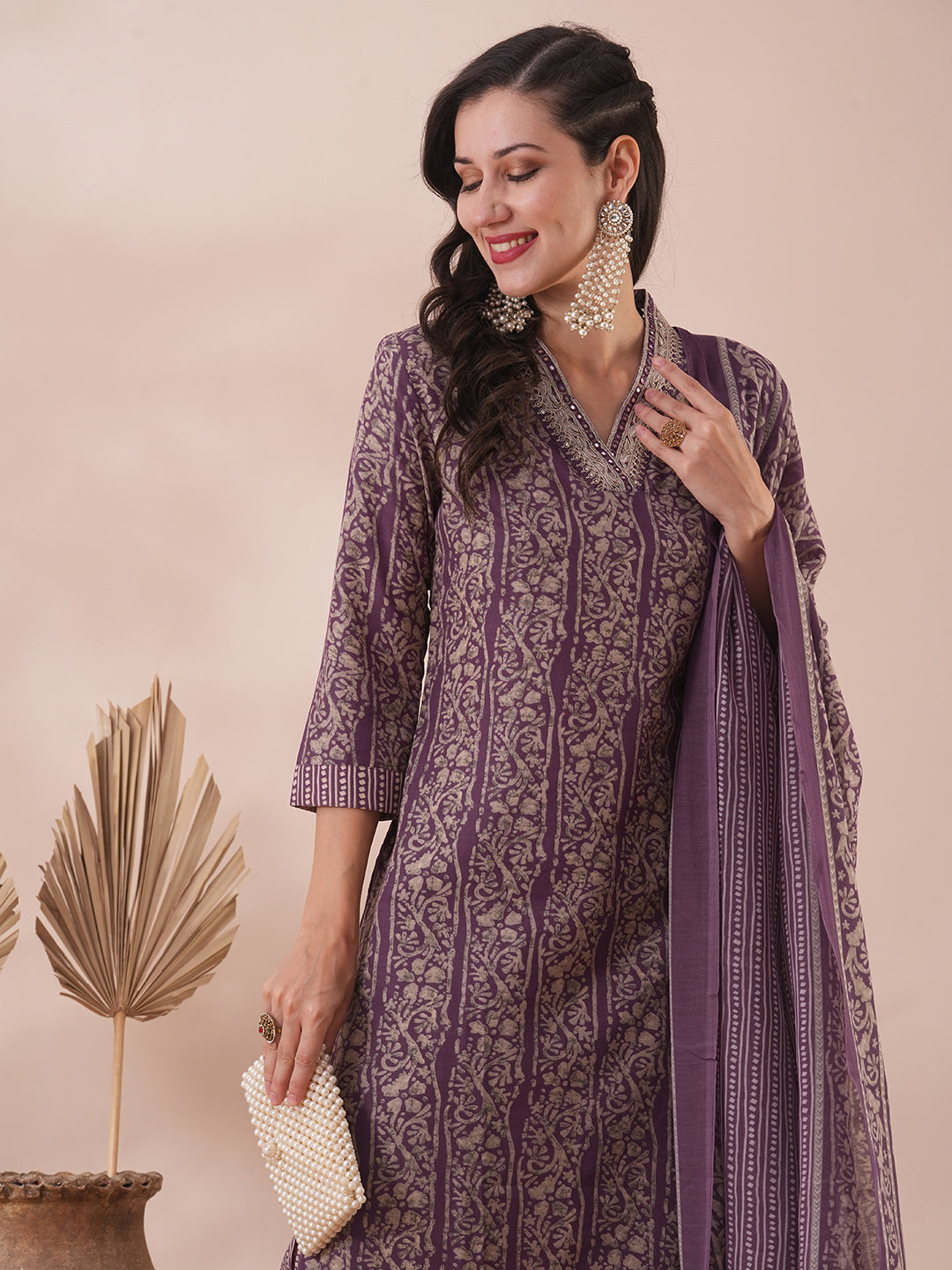 Floral Printed & Embroidered Straight Fit Kurta with Pant and Dupatta - Lavender