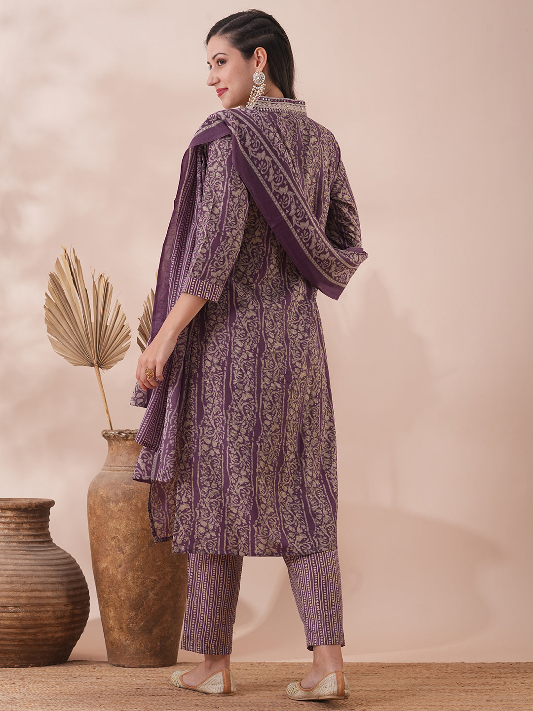 Floral Printed & Embroidered Straight Fit Kurta with Pant and Dupatta - Lavender