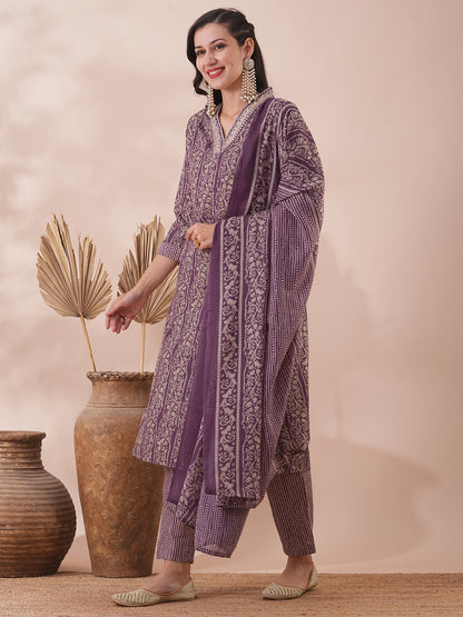 Floral Printed & Embroidered Straight Fit Kurta with Pant and Dupatta - Lavender