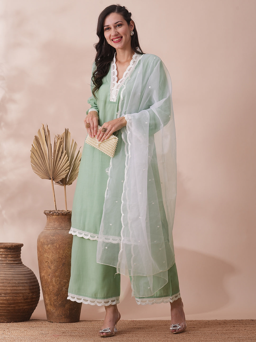 Solid Scalloped Straight Fit Kurta with Palazzo & Dupatta - Mint Green