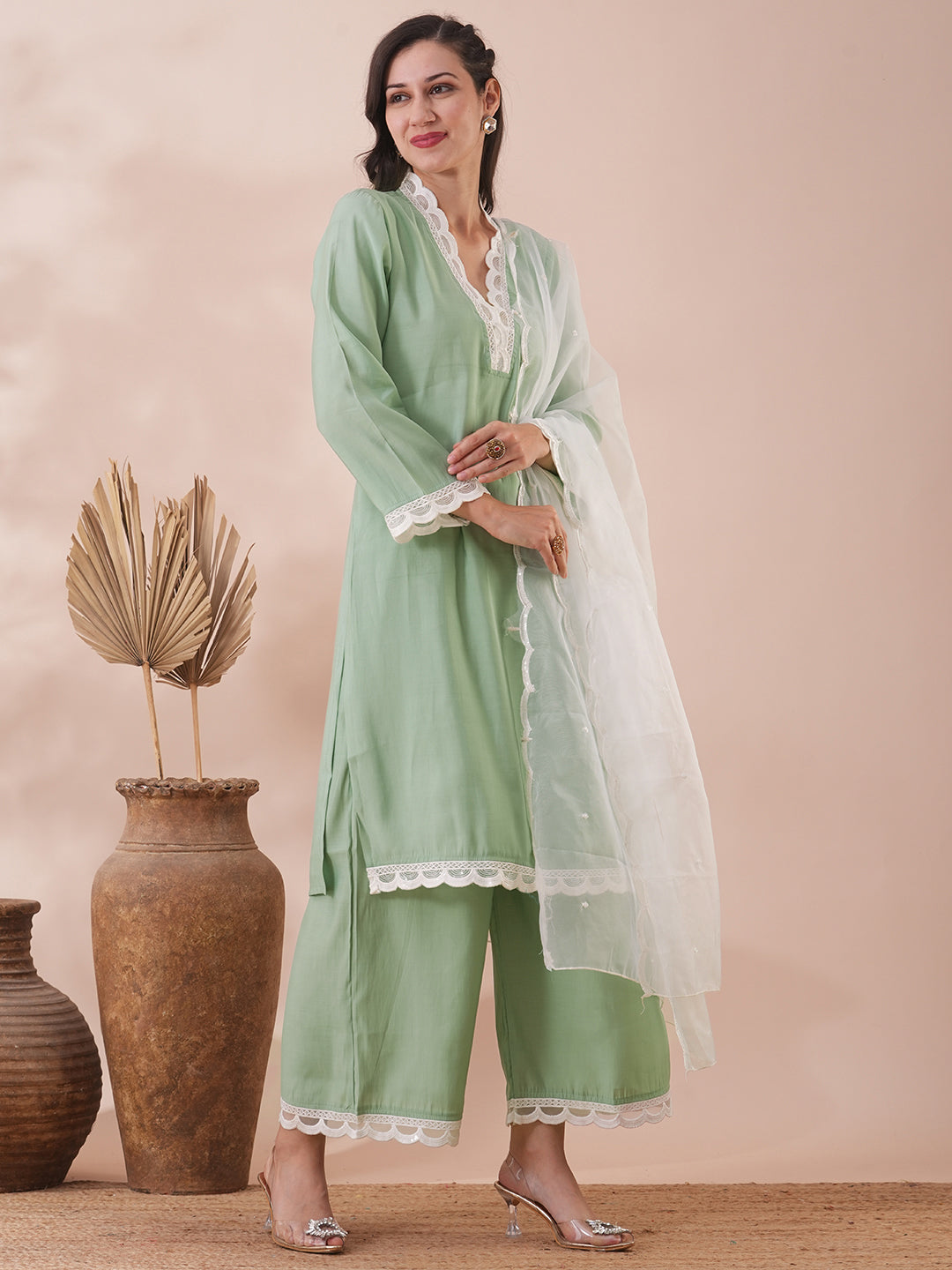 Solid Scalloped Straight Fit Kurta with Palazzo & Dupatta - Mint Green