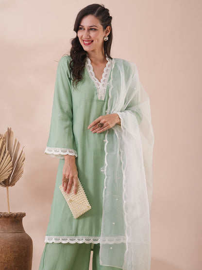 Solid Scalloped Straight Fit Kurta with Palazzo & Dupatta - Mint Green