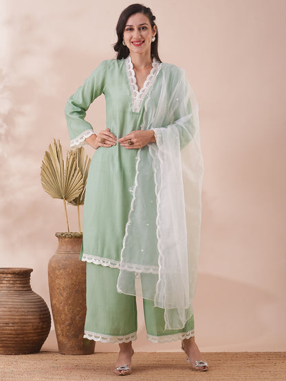 Solid Scalloped Straight Fit Kurta with Palazzo & Dupatta - Mint Green