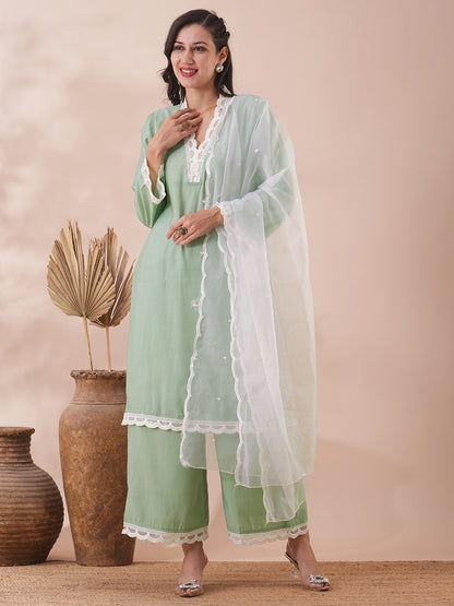 Solid Scalloped Straight Fit Kurta with Palazzo & Dupatta - Mint Green