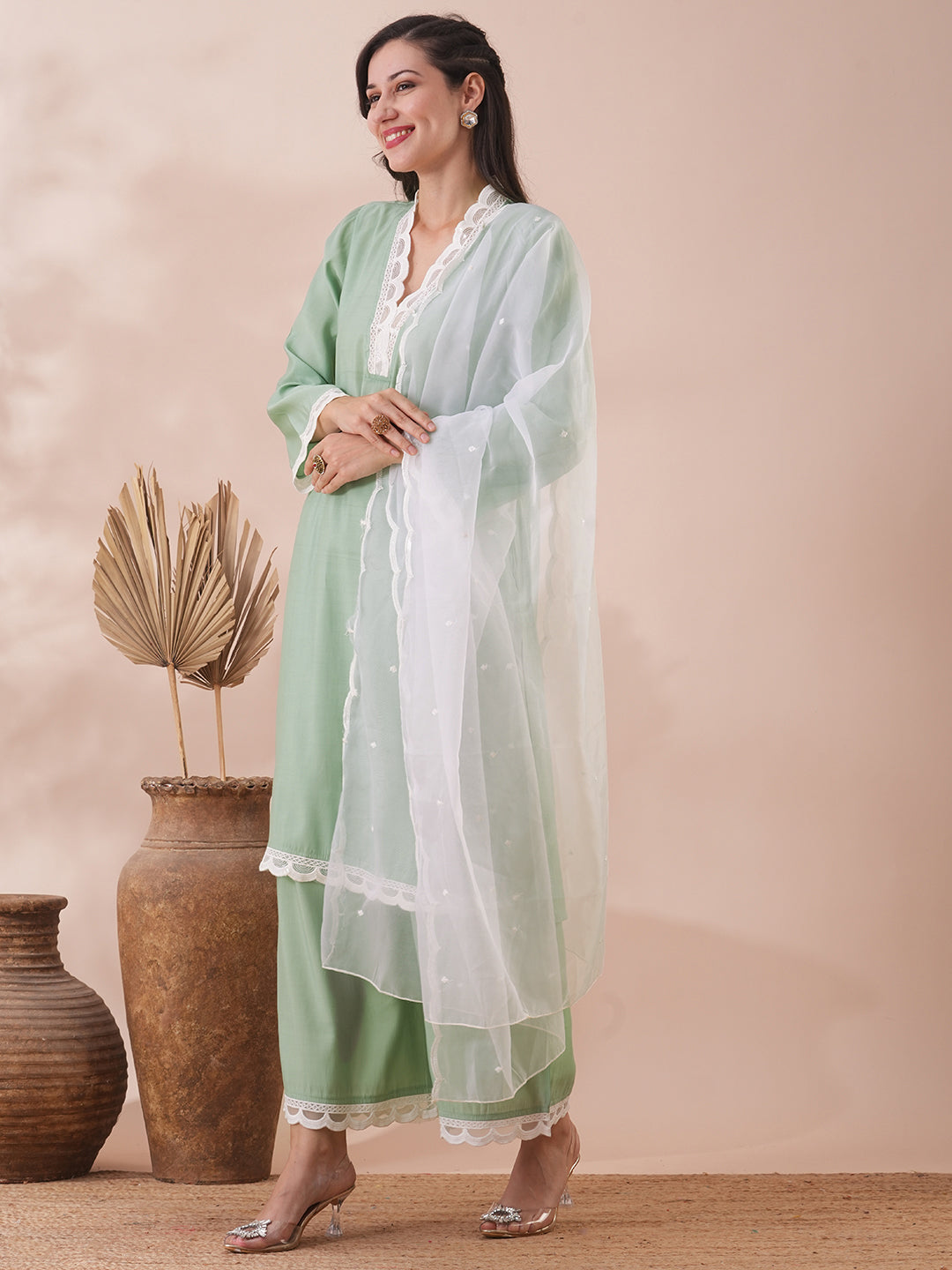 Solid Scalloped Straight Fit Kurta with Palazzo & Dupatta - Mint Green