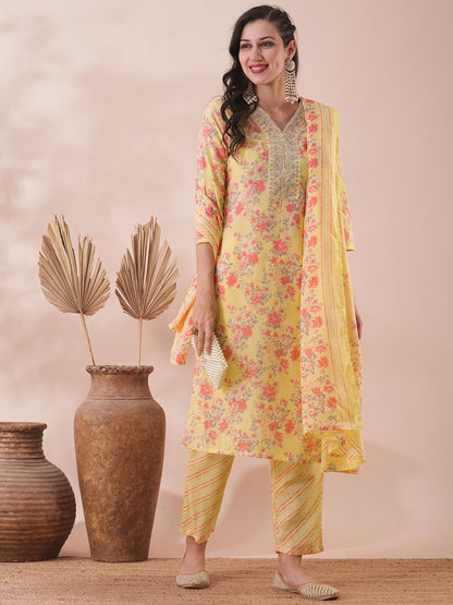 Floral Printed & Zari Embroidered Straight Fit Kurta with Pant & Dupatta - Yellow