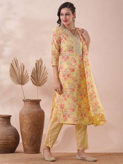 Floral Printed & Zari Embroidered Straight Fit Kurta with Pant & Dupatta - Yellow