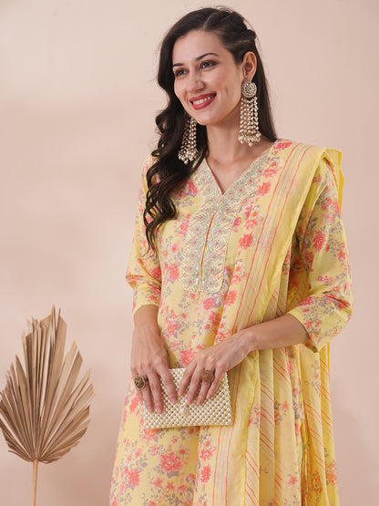 Floral Printed & Zari Embroidered Straight Fit Kurta with Pant & Dupatta - Yellow