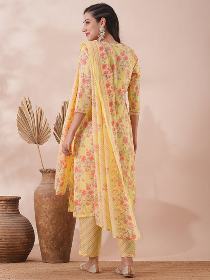 Floral Printed & Zari Embroidered Straight Fit Kurta with Pant & Dupatta - Yellow