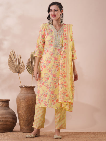 Floral Printed & Zari Embroidered Straight Fit Kurta with Pant & Dupatta - Yellow