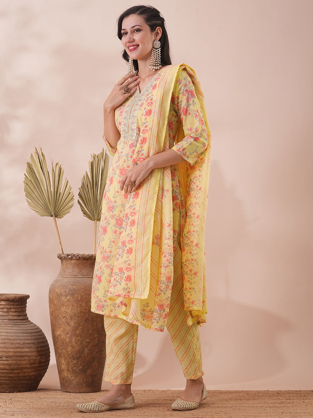 Floral Printed & Zari Embroidered Straight Fit Kurta with Pant & Dupatta - Yellow