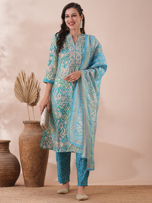 Ethnic Printed & Embroidered Straight Fit Kurta with Pant & Dupatta - Turquoise Blue