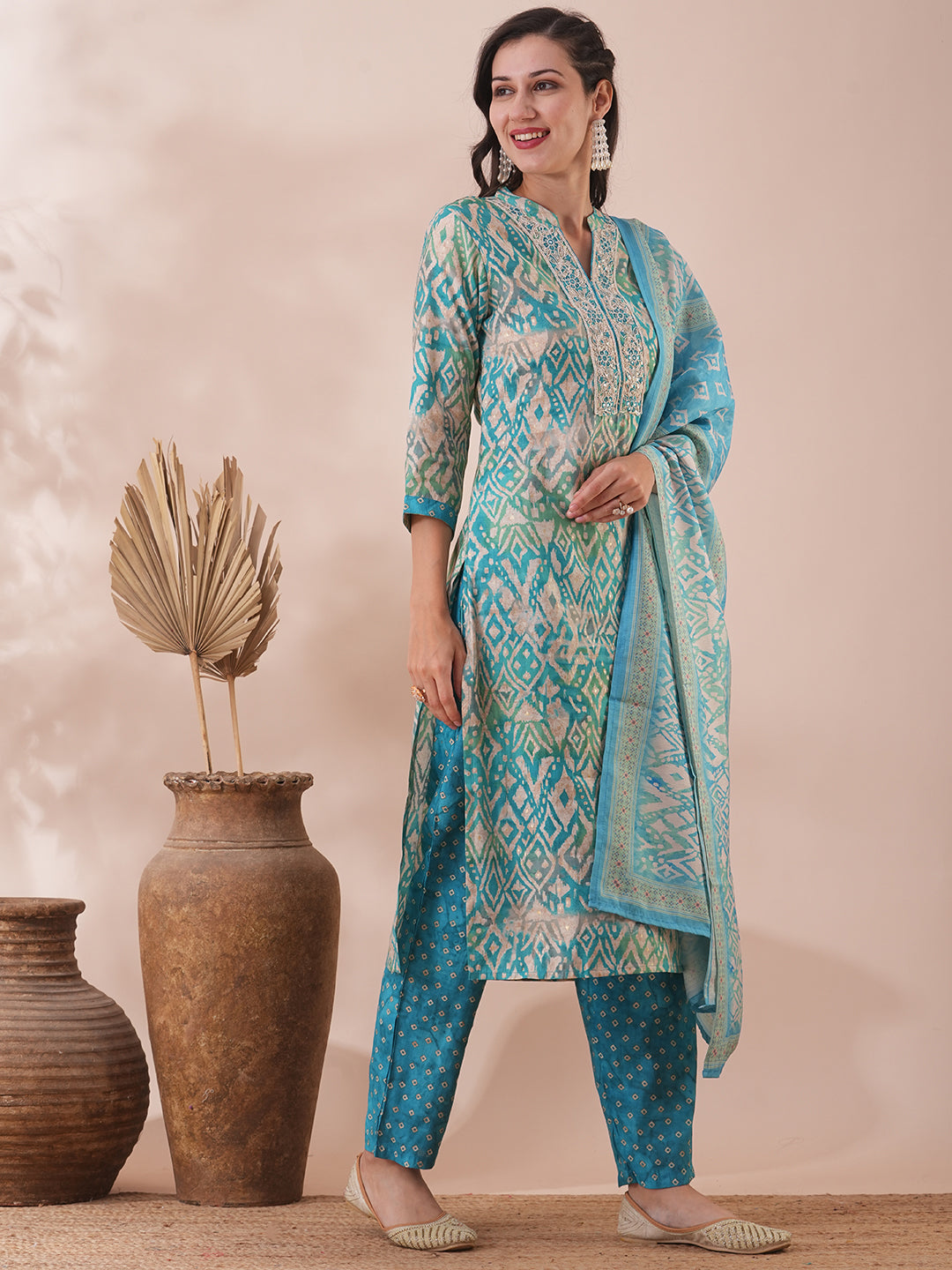 Ethnic Printed & Embroidered Straight Fit Kurta with Pant & Dupatta - Turquoise Blue