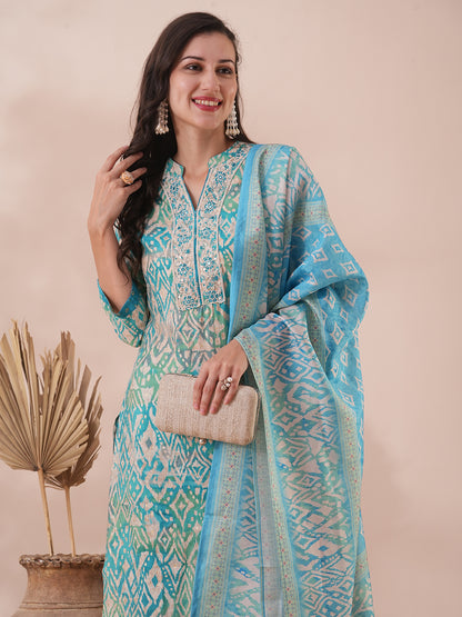 Ethnic Printed & Embroidered Straight Fit Kurta with Pant & Dupatta - Turquoise Blue