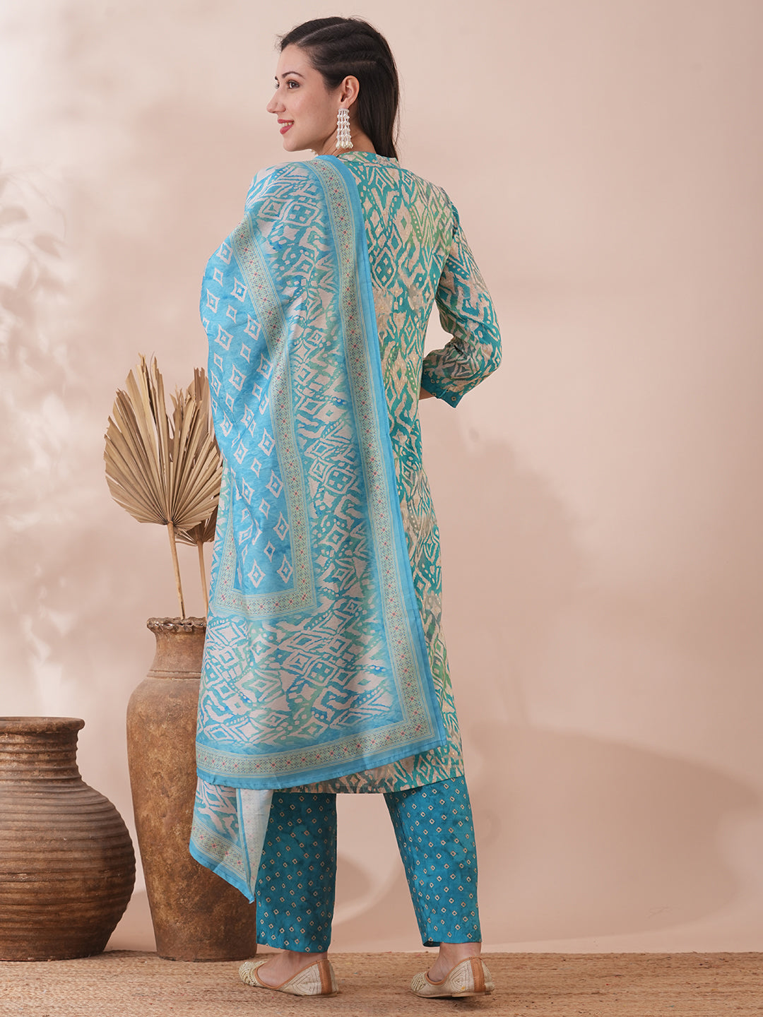 Ethnic Printed & Embroidered Straight Fit Kurta with Pant & Dupatta - Turquoise Blue