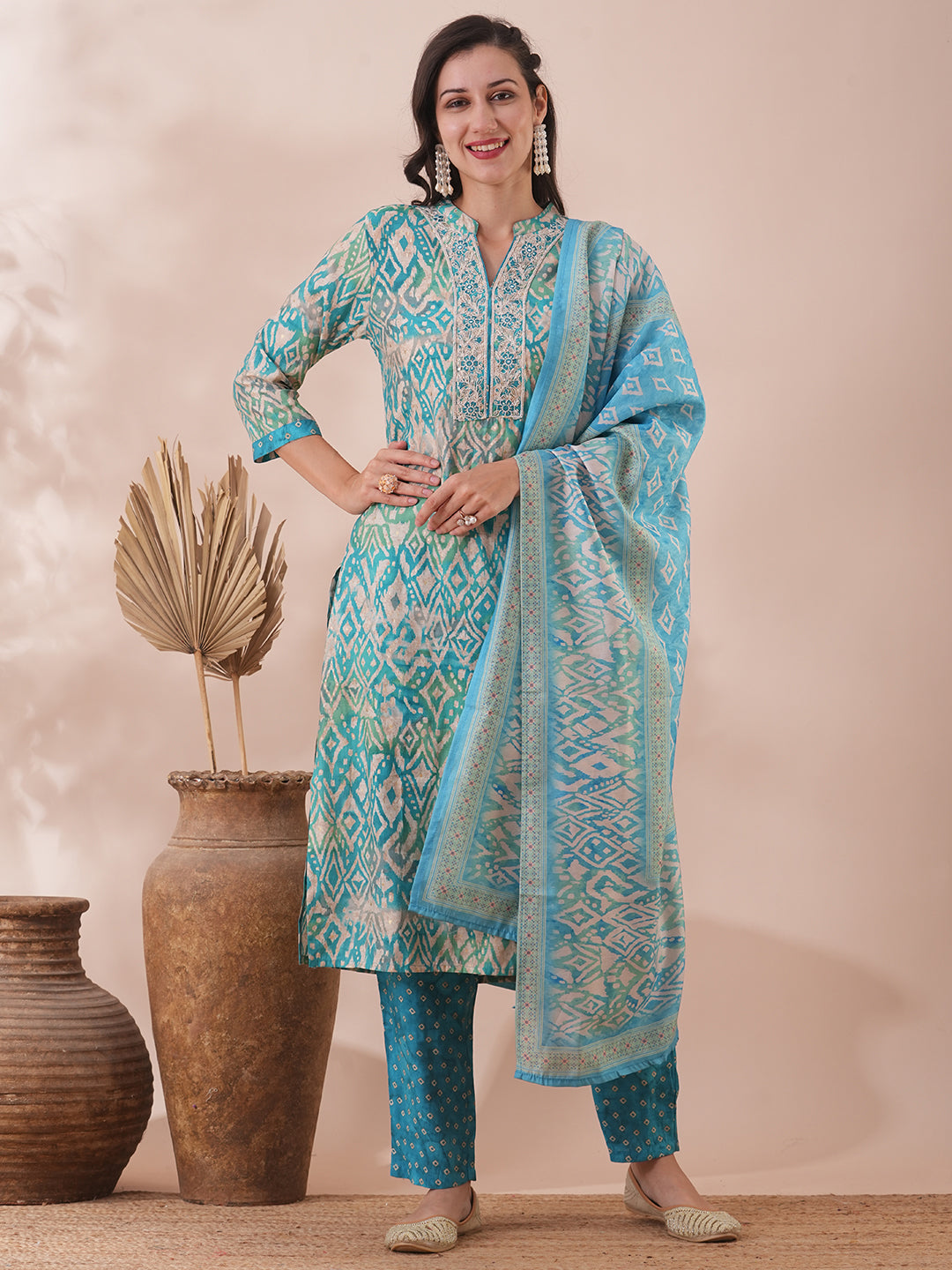 Ethnic Printed & Embroidered Straight Fit Kurta with Pant & Dupatta - Turquoise Blue