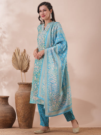 Ethnic Printed & Embroidered Straight Fit Kurta with Pant & Dupatta - Turquoise Blue