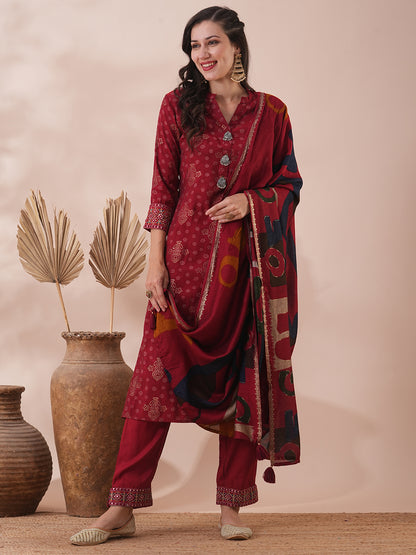 Ethnic Foil Printed & Embroidered Straight Fit Kurta with Pant & Dupatta - Maroon