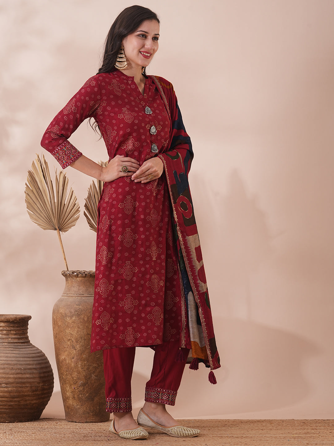 Ethnic Foil Printed & Embroidered Straight Fit Kurta with Pant & Dupatta - Maroon