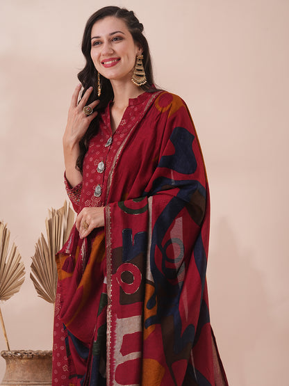 Ethnic Foil Printed & Embroidered Straight Fit Kurta with Pant & Dupatta - Maroon