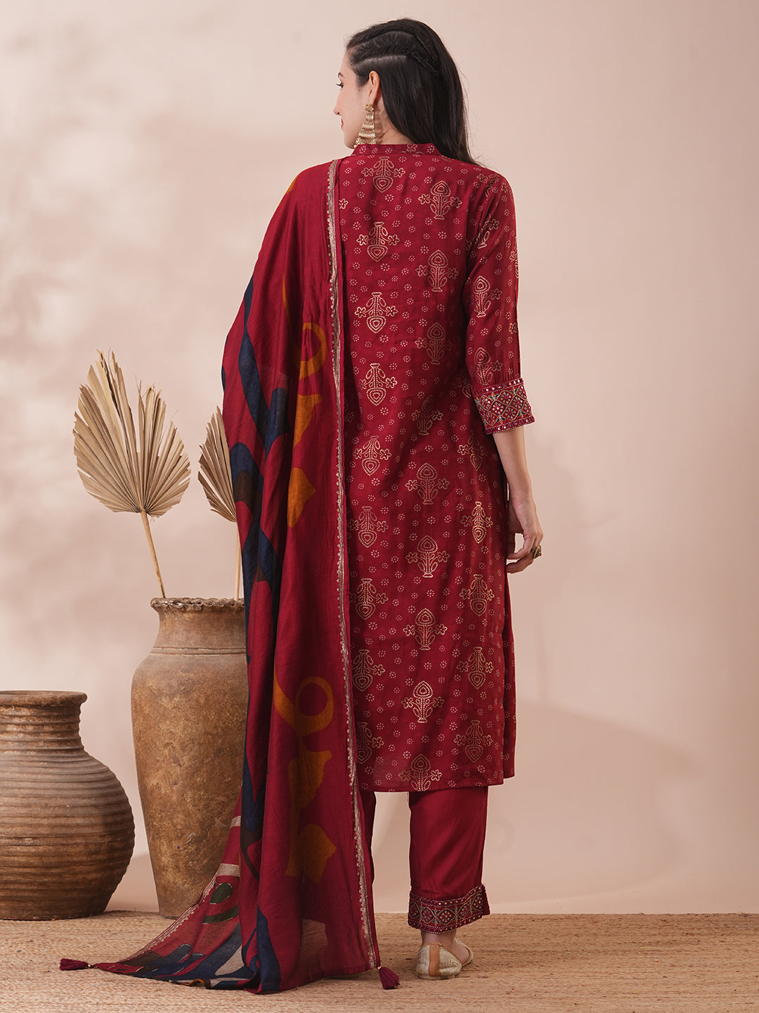 Ethnic Foil Printed & Embroidered Straight Fit Kurta with Pant & Dupatta - Maroon