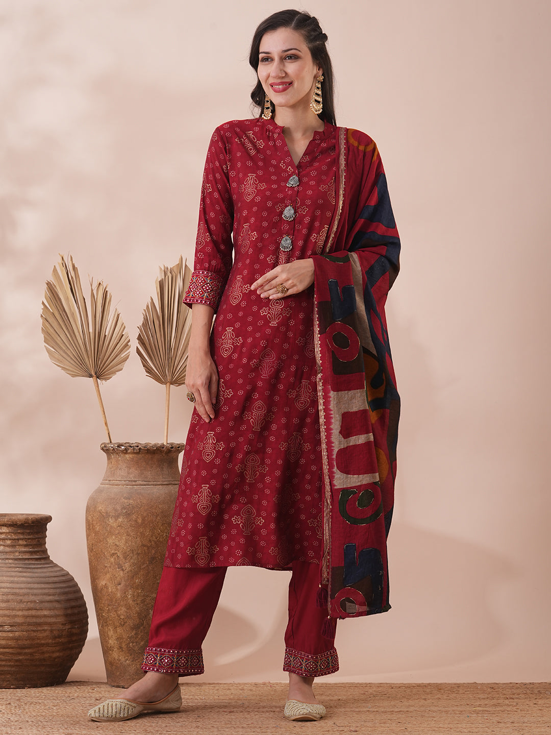 Ethnic Foil Printed & Embroidered Straight Fit Kurta with Pant & Dupatta - Maroon