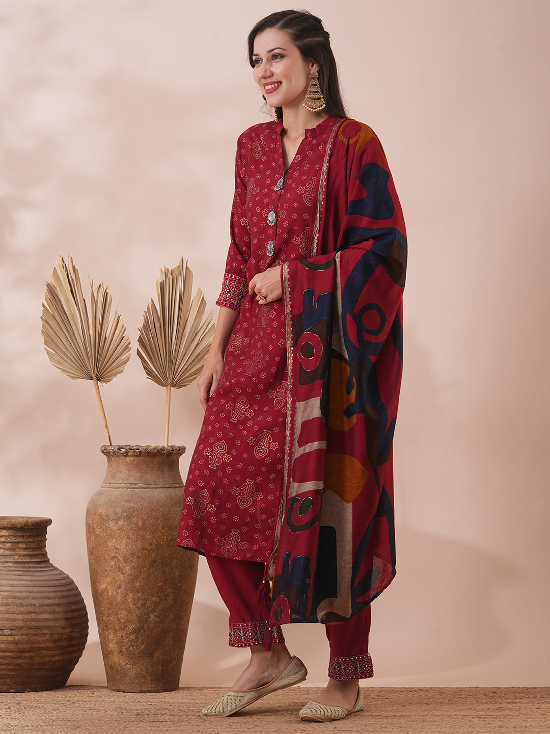 Ethnic Foil Printed & Embroidered Straight Fit Kurta with Pant & Dupatta - Maroon