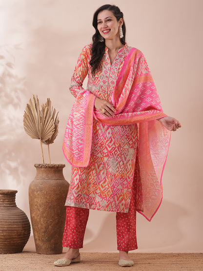 Ethnic Printed & Embroidered Straight Fit Kurta with Pant & Dupatta - Coral