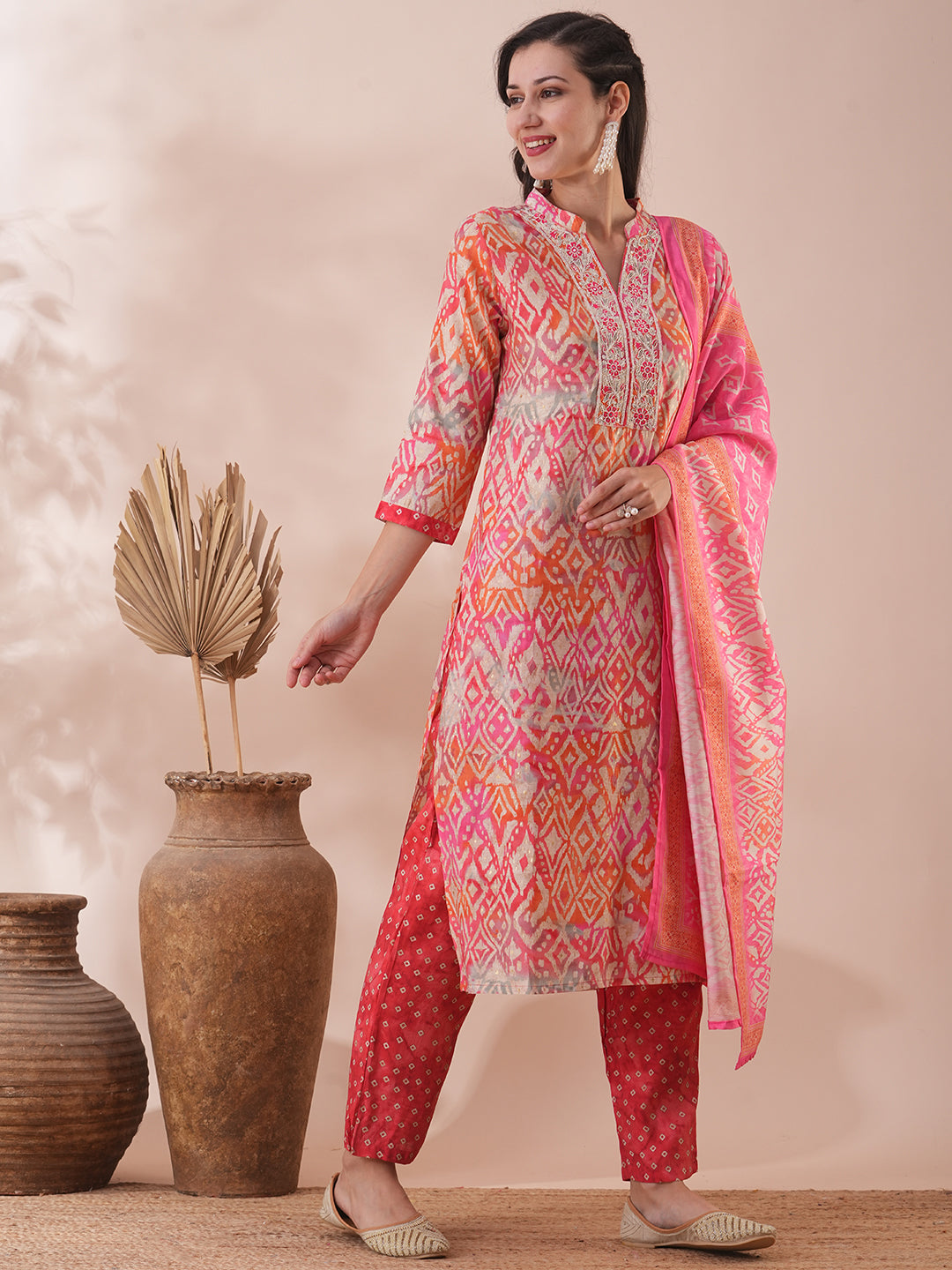 Ethnic Printed & Embroidered Straight Fit Kurta with Pant & Dupatta - Coral