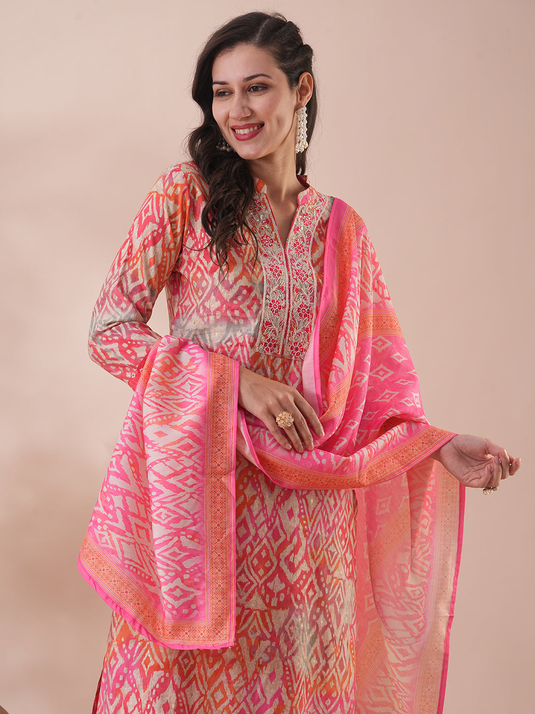 Ethnic Printed & Embroidered Straight Fit Kurta with Pant & Dupatta - Coral