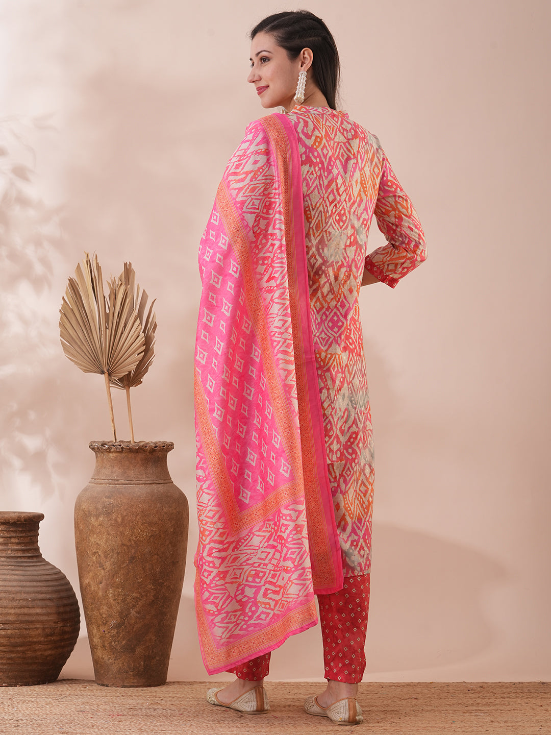 Ethnic Printed & Embroidered Straight Fit Kurta with Pant & Dupatta - Coral