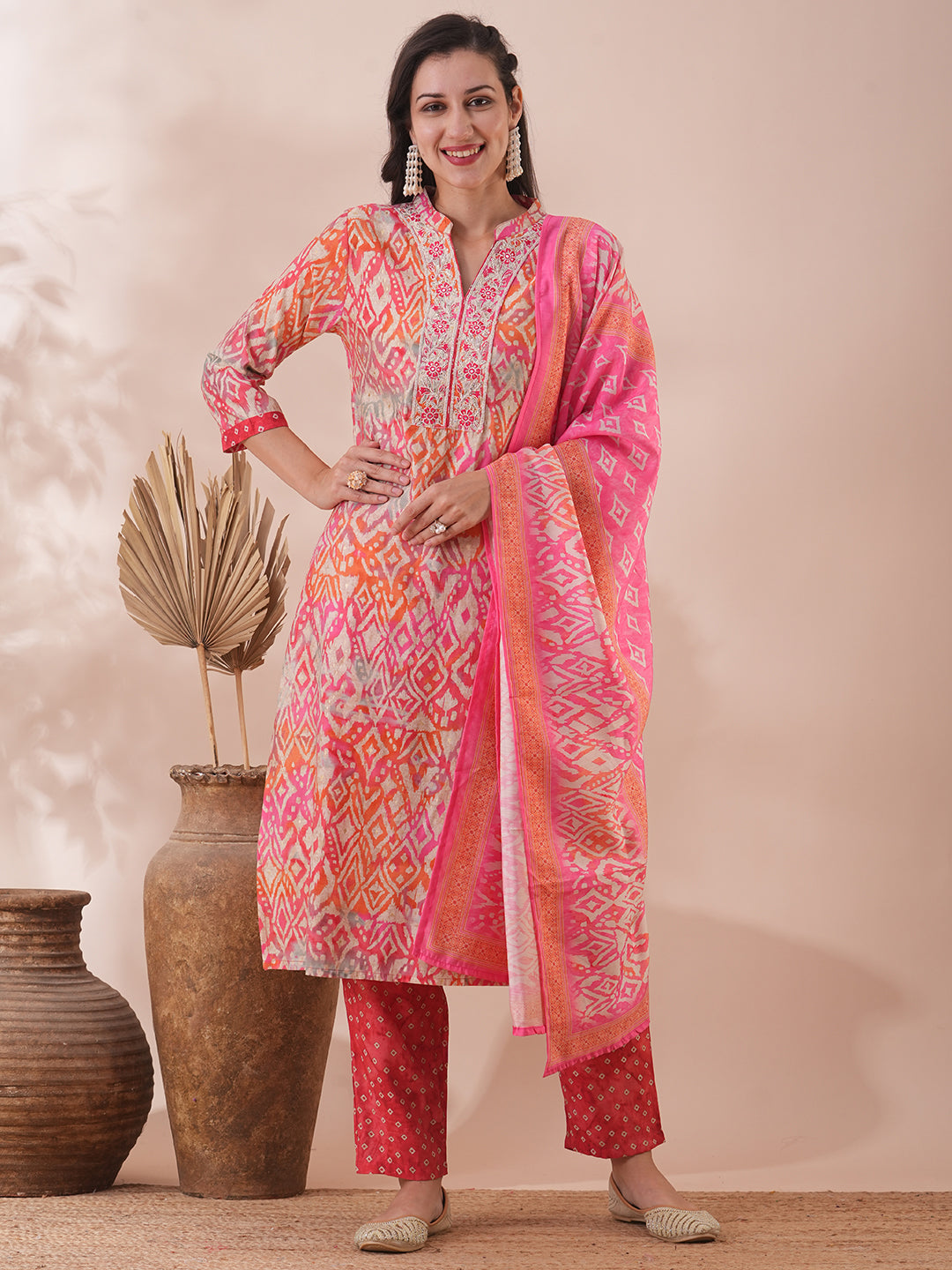 Ethnic Printed & Embroidered Straight Fit Kurta with Pant & Dupatta - Coral