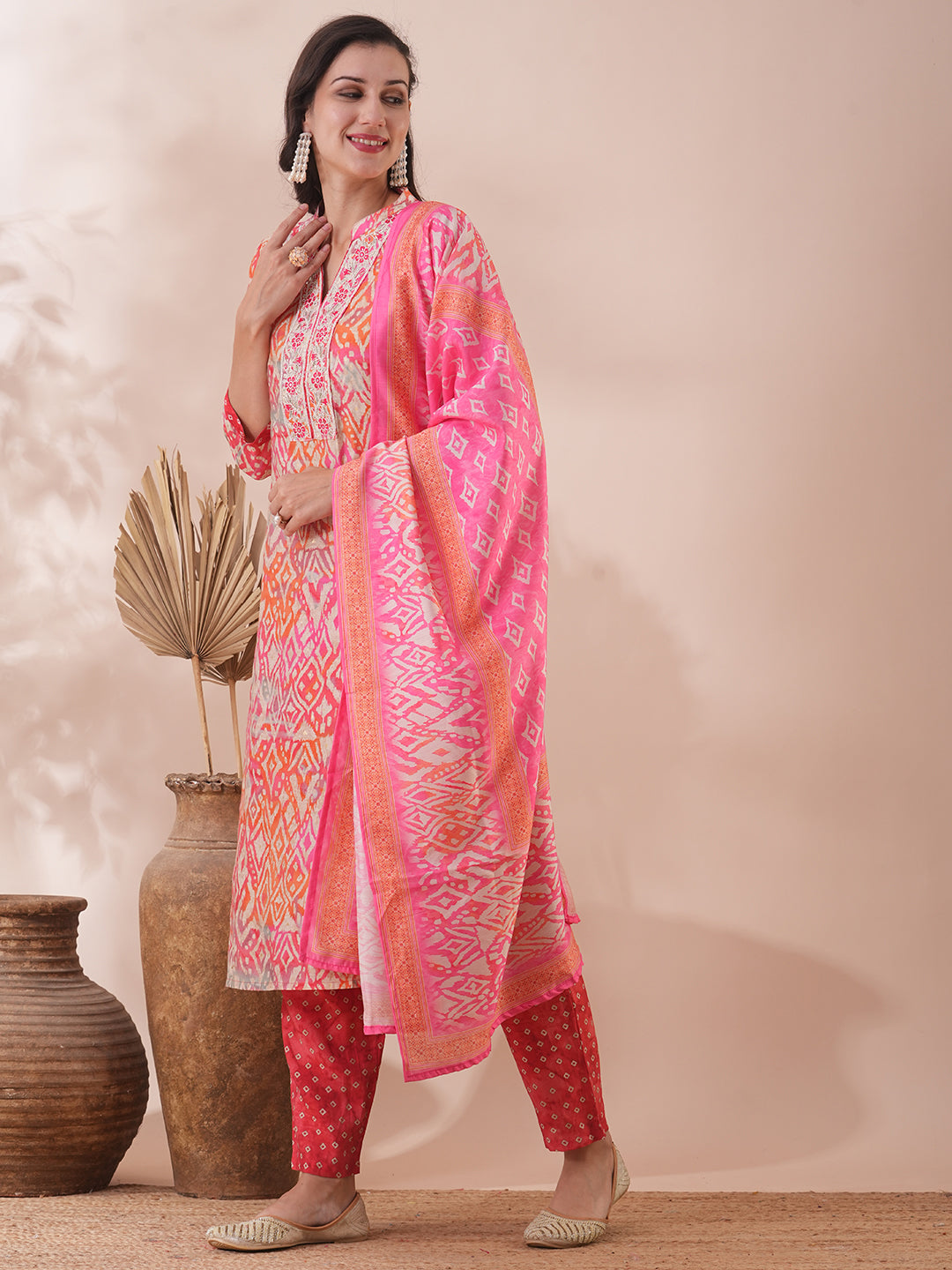 Ethnic Printed & Embroidered Straight Fit Kurta with Pant & Dupatta - Coral